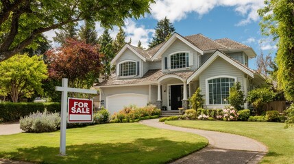 House with a for sale sign in a residential area during sunny weather and clear blue skies