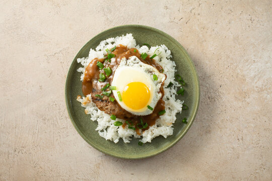 A top down view of a plate of loco moco.