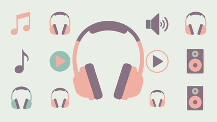 Collection of Music and Audio Icons: Headphones, Speakers, Notes, and Play Buttons