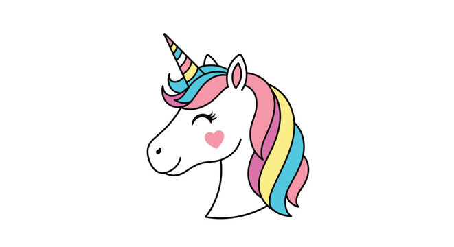 A whimsical and cute cartoon unicorn with a vibrant rainbow mane, a striped horn, closed eyes, and a pink heart on its cheek, facing left on a white background.