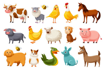 Obraz premium Different types of farm animals are shown in a colorful arrangement with varying expressions and appearances