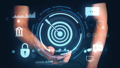 Futuristic concept of a person holding a smartphone with a digital target interface and holographic business icons on a dark background.