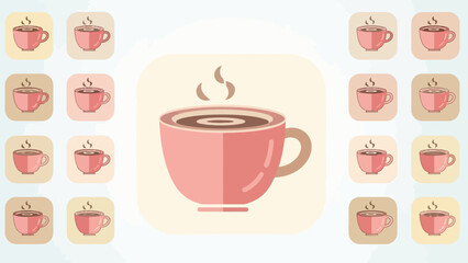 Collection of stylized steaming coffee cups on light background