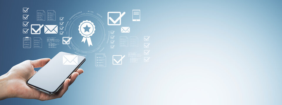 Smartphone in hand with digital checklist and certification icons symbolizing mobile app quality assurance and productivity tools on blue gradient background. - Powered by Adobe