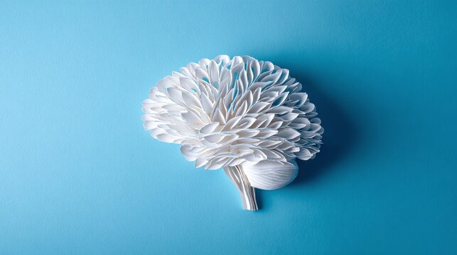 Striking brain sculpture crafted from delicate white paper, a symbol of intellect and creativity on a serene blue backdrop. Represents the power of the mind.
