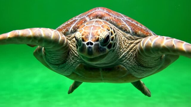 Majestic Sea Turtle in Clear Waters: A sea turtle, gracefully glides through translucent waters.