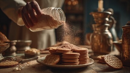 A confectioner sprinkles cocoa powder from a glass jar, creating a delightful scene. Round biscuits are artfully arranged on a plate, promising a delectable culinary experience.