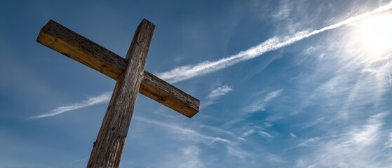 The Wooden Cross Against Dramatic Blue Sky with Sun and Contrails