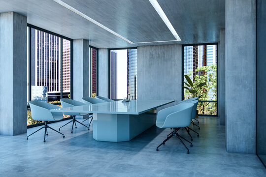 Modern empty business conference room with blue chairs and large windows in a contemporary high-rise office building interior design setup. 3D Rendering - Powered by Adobe