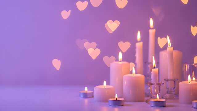Serene candlelit scene with floating heart-shaped light effects creating a calming romantic