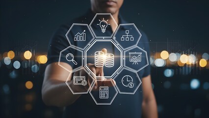 Man interacting with a digital interface of business icons at night with a cityscape background and a dark mood.