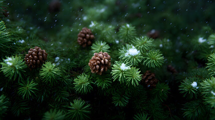Winter Evergreen Harmony: A close-up view unveils the intricate beauty of evergreen branches dusted with fresh snow and adorned with pine cones, set against a blurred backdrop.