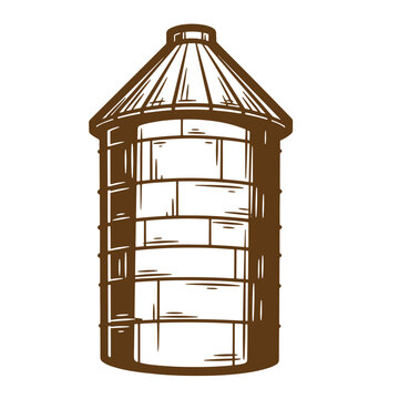 Hand drawn illustration of a vintage water tower with a brick design and detailed roof