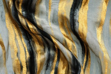 Fabric with wave patterns and colors in shades of gold, black, and gray displayed on a surface