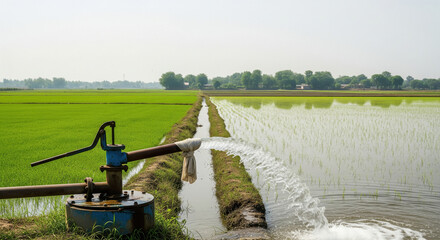 An irrigation pump gushes water into a lush green paddy field in rural India, showcasing modern farming support in a tranquil countryside landscape.