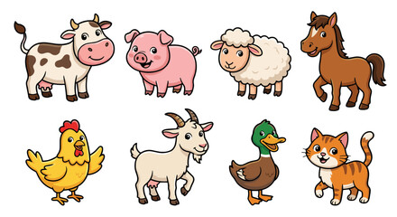Fototapeta premium Whimsical Cartoon Farm Animals Collection Adorable Isolated Vector Illustrations for Children's Education and Play, Featuring Cute Cow, Pig, Sheep, Horse, Chicken, Goat, Duck, and Cat Characters