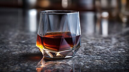 A geometric crystal tumbler holding perfectly still coffee, glowing with deep mahogany tones. Set polished granite, reflections align cleanly