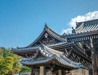 Gabled roofs of the main temple of the Kiyomizu-dera (Otowa-san Kiyomizu-dera) shrine complex, Mt. Otowa, eastern Kyoto, Honshu, Japan