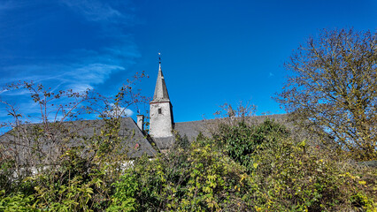 Traditional sacred architecture: View of a church roof in an autumnal garden