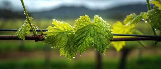 The grapevine leaves glistening with morning dew in a sunlit vineyard row