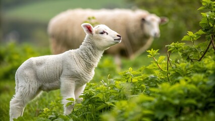 Cute white sheep standing on green grass in a peaceful farm meadow
