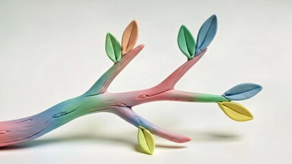 Whimsical Soft Clay Style Branch With Pastel Colors Isolated On White For Kids Art