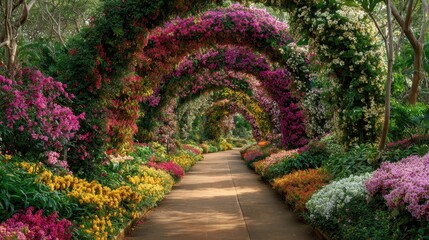 Walk through a garden path lined with colorful flowers in a sunny location during the day