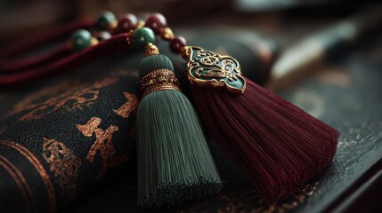 Asian traditional decorative tassels on an ancient book