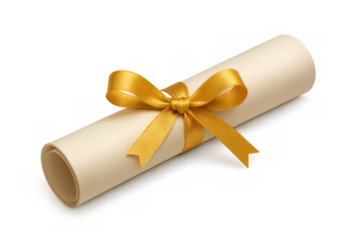 Diploma scroll with elegant golden ribbon bow representing academic achievement, graduation, education success, and certification on transparent background