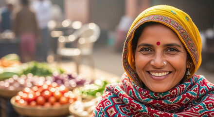 A cheerful Indian woman in a bright yellow headscarf and patterned shawl smiles warmly at a village market
