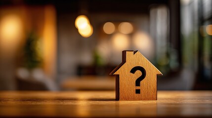 A wooden house with a question mark sits atop a wood surface, blurred lights in the background. A metaphor for uncertainty in housing, markets, and big life decisions.