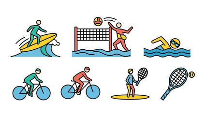 Set of Colorful Line Art Icons Depicting Various Sports Activities and Athletes.