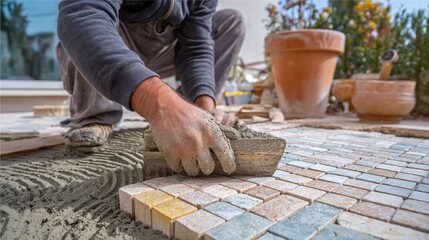 Focused worker skillfully installs vibrant mosaic tiles, creating a stunning and durable outdoor patio with careful attention to detail and quality craftsmanship.