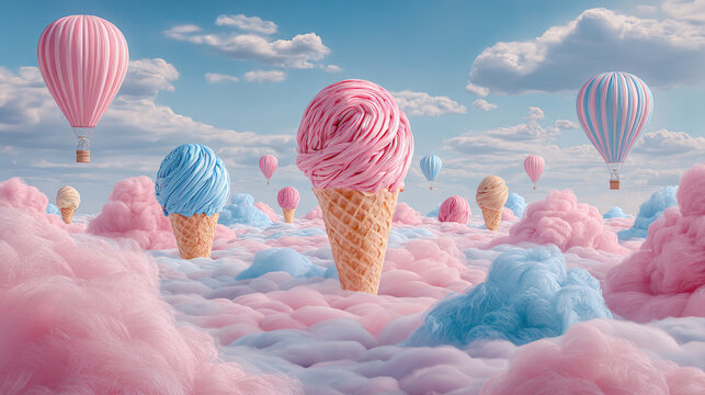 Ice cream dreams with balloons in sky concept. Whimsical ice cream cones floating in a dreamy cloud landscape.