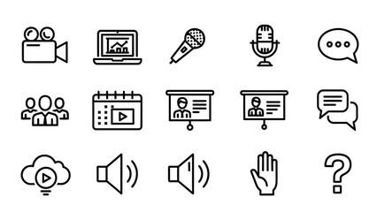 Set of black and white line icons representing various communication and media concepts.