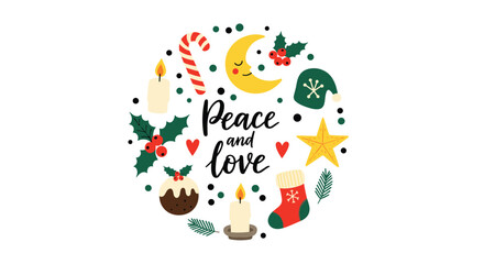 Fototapeta premium A charming circular arrangement of Christmas doodles including a candy cane, holly, and a moon with Peace and love calligraphy.