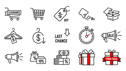 Set of black and white line art icons depicting various sale and discount related concepts.