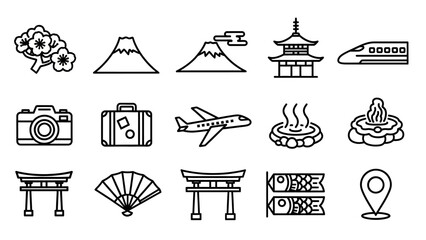 Set of black and white line art icons representing Japanese culture and travel.