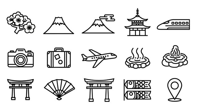 Set of black and white line art icons representing Japanese culture and travel.