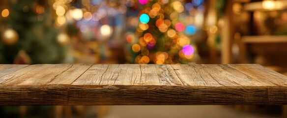 The Wooden Table with Festive Bokeh Lights and Cozy Holiday Background Scene