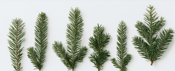 The Pine Branches Arranged in a Minimal Flatlay on White Background for Holiday Decor