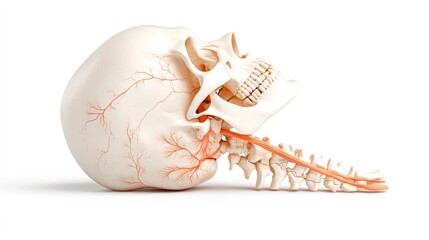 A detailed anatomical illustration of a human skull and spine, highlighting the nervous system connections, Ideal for educational materials in medicine, biology, or anatomy studies,