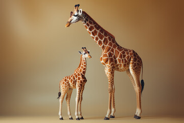Obraz premium A high-resolution full-body mother and baby giraffe photo with beige background and warm tones, perfect for educational materials or modern wildlife art.