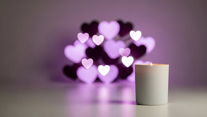 Soft lit candle with a backdrop of glowing heart-shaped bokeh lights creating a romantic ambiance