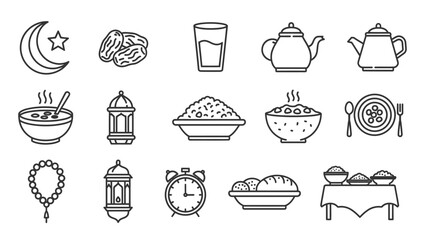 Ramadan Iftar Meal Icons Set for Islamic Celebration.