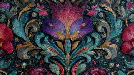 Colorful floral embroidery design on dark fabric with intricate details and patterns