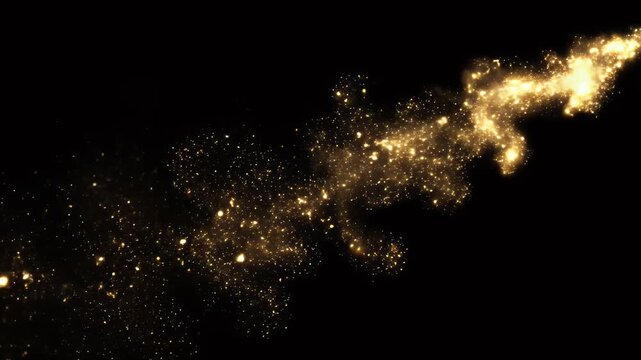 Golden Glitter Particles on Black - This video shows many golden glitter particles scattered on a dark, black background. The glitter appears to fade off into the distance with a light gradient.