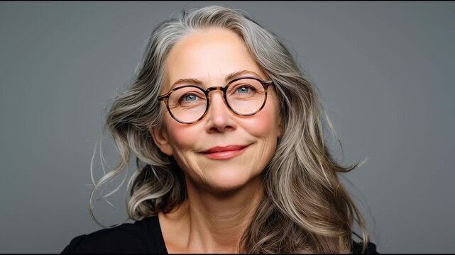 Elegant older woman showcasing her long silver hair and chic glasses, radiating joy and peace as she gazes around in a professional photograph on a neutral grey backdrop