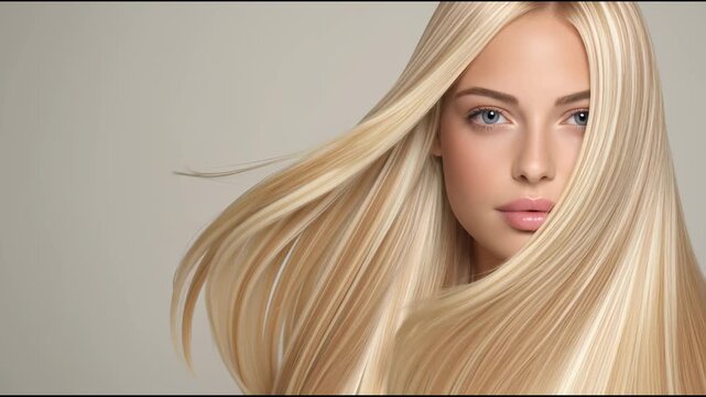 Gorgeous young model with flowing highlighted blonde hair, effortlessly capturing a flawless hairstyle, hair care, and beauty theme against a simple gray backdrop