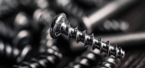 The screw close-up showcasing shiny metallic threads and sharp tip in dramatic macro